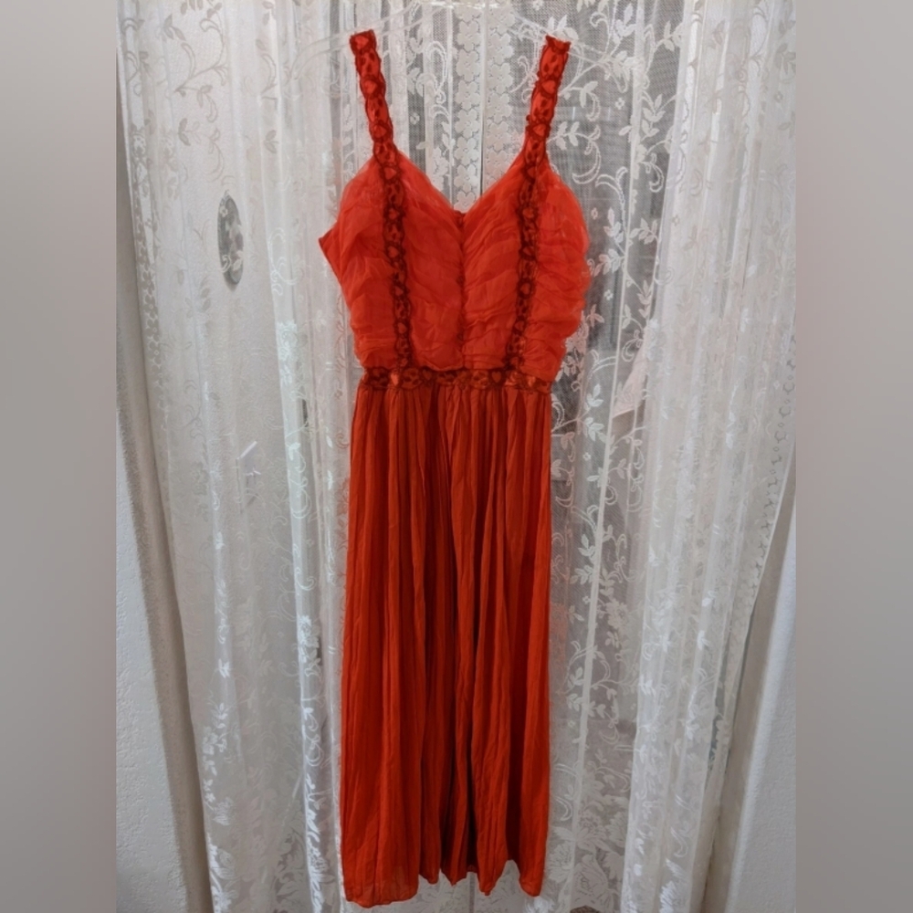 Vtg 40s Nightgown sz 38 nylon sheer peignoir lace embroidered red lace ruche - Picture 7 of 7